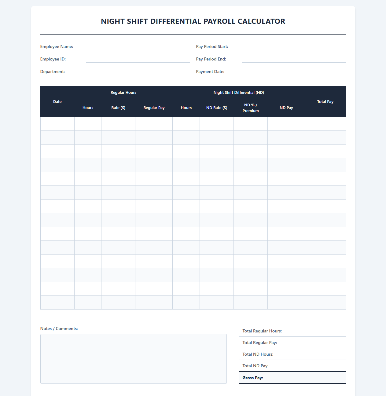 Night Shift Differential Payroll Calculator
