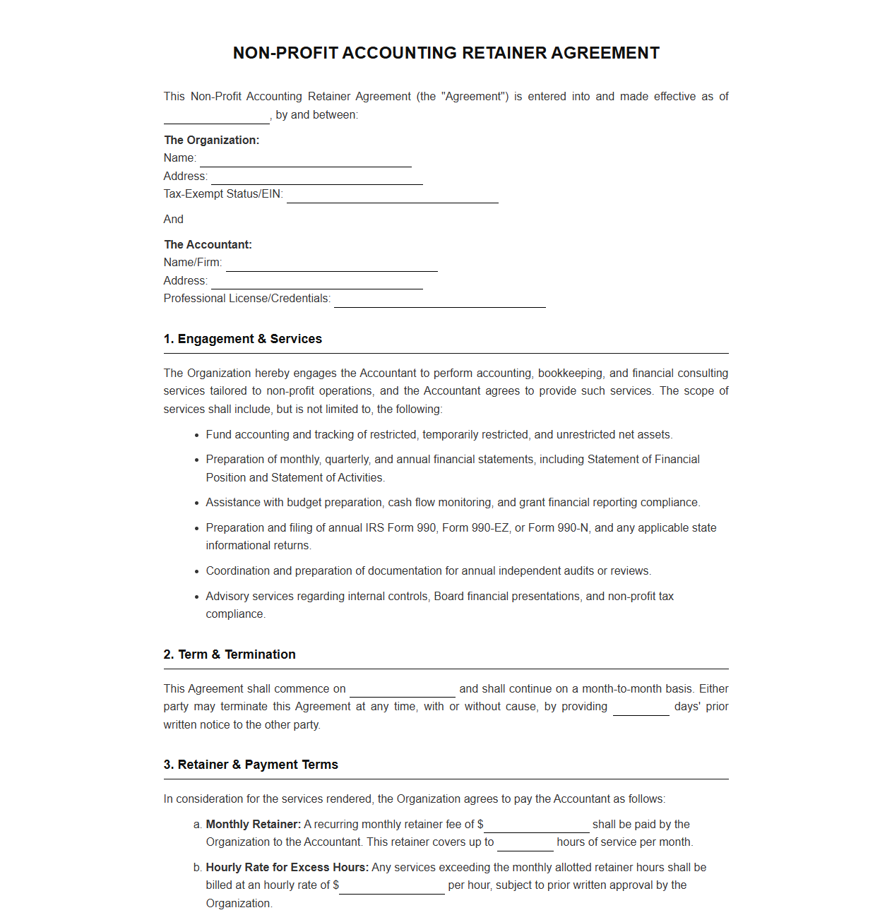 Non-Profit Accountant Retainer Contract Template