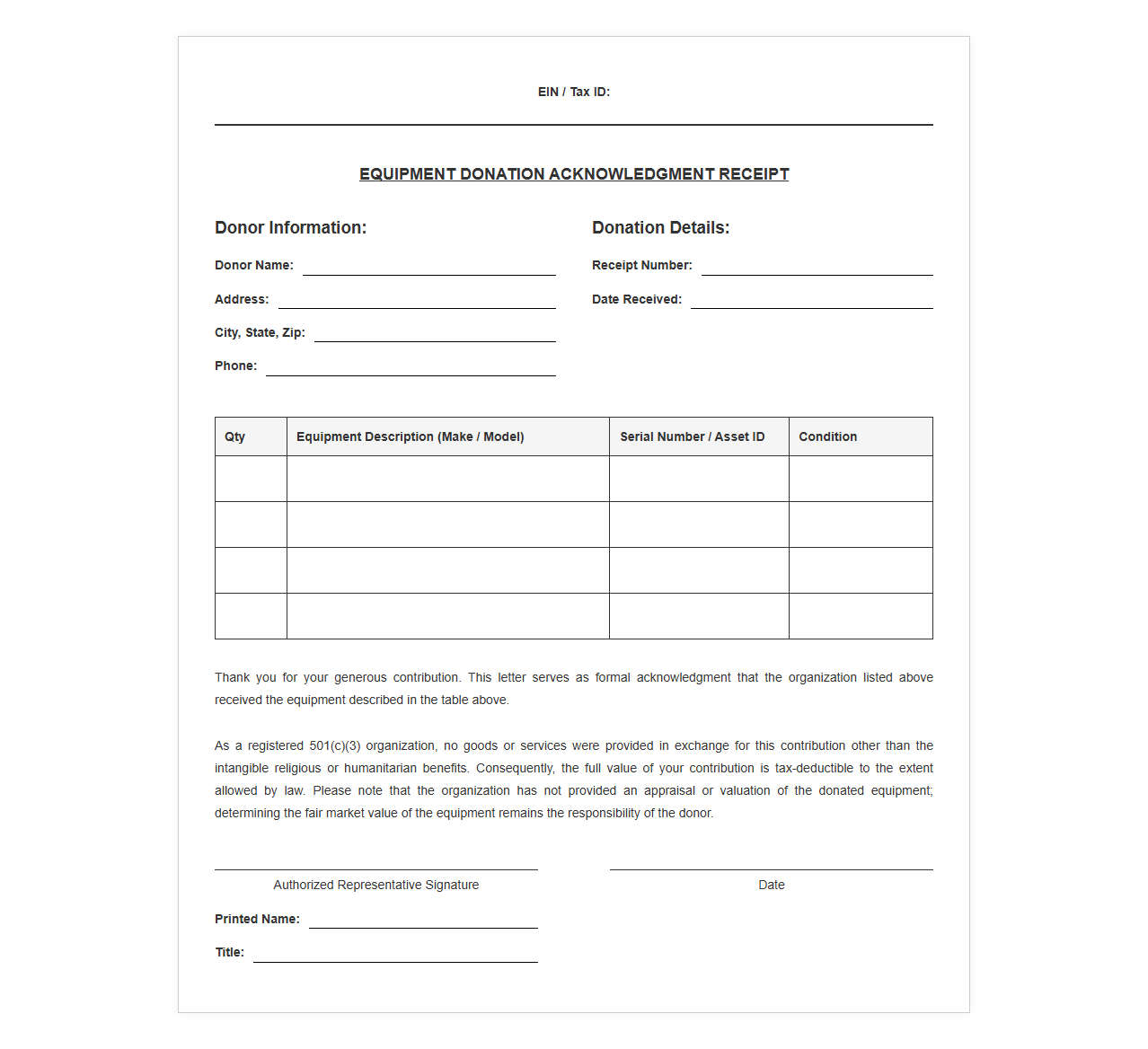 Non-Profit Equipment Gift Acknowledgment Letter
