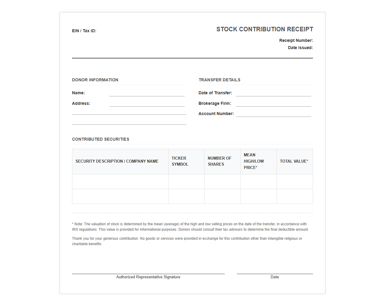 Non-Profit Stock Contribution Receipt