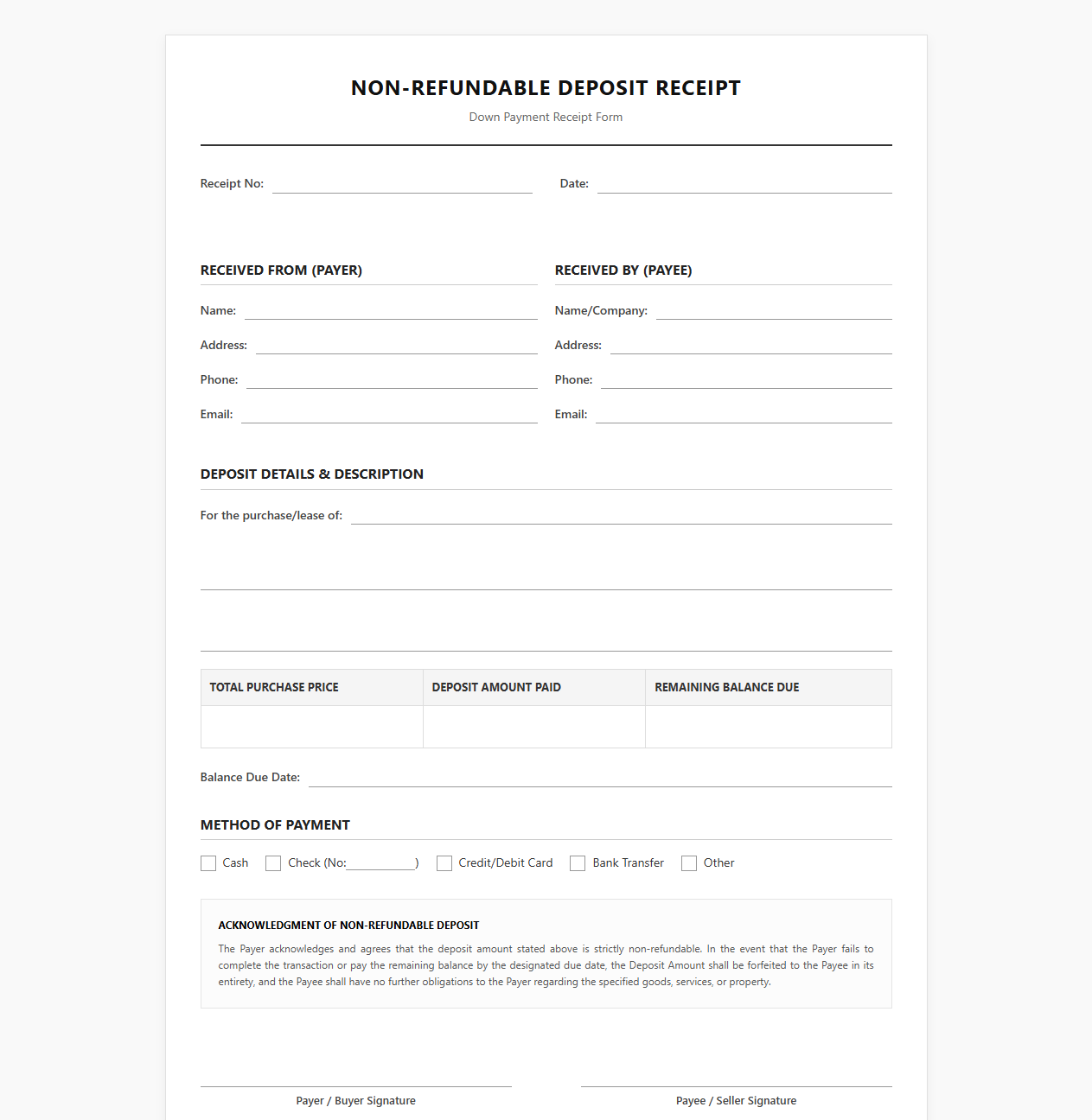 Non-Refundable Down Payment Receipt Form