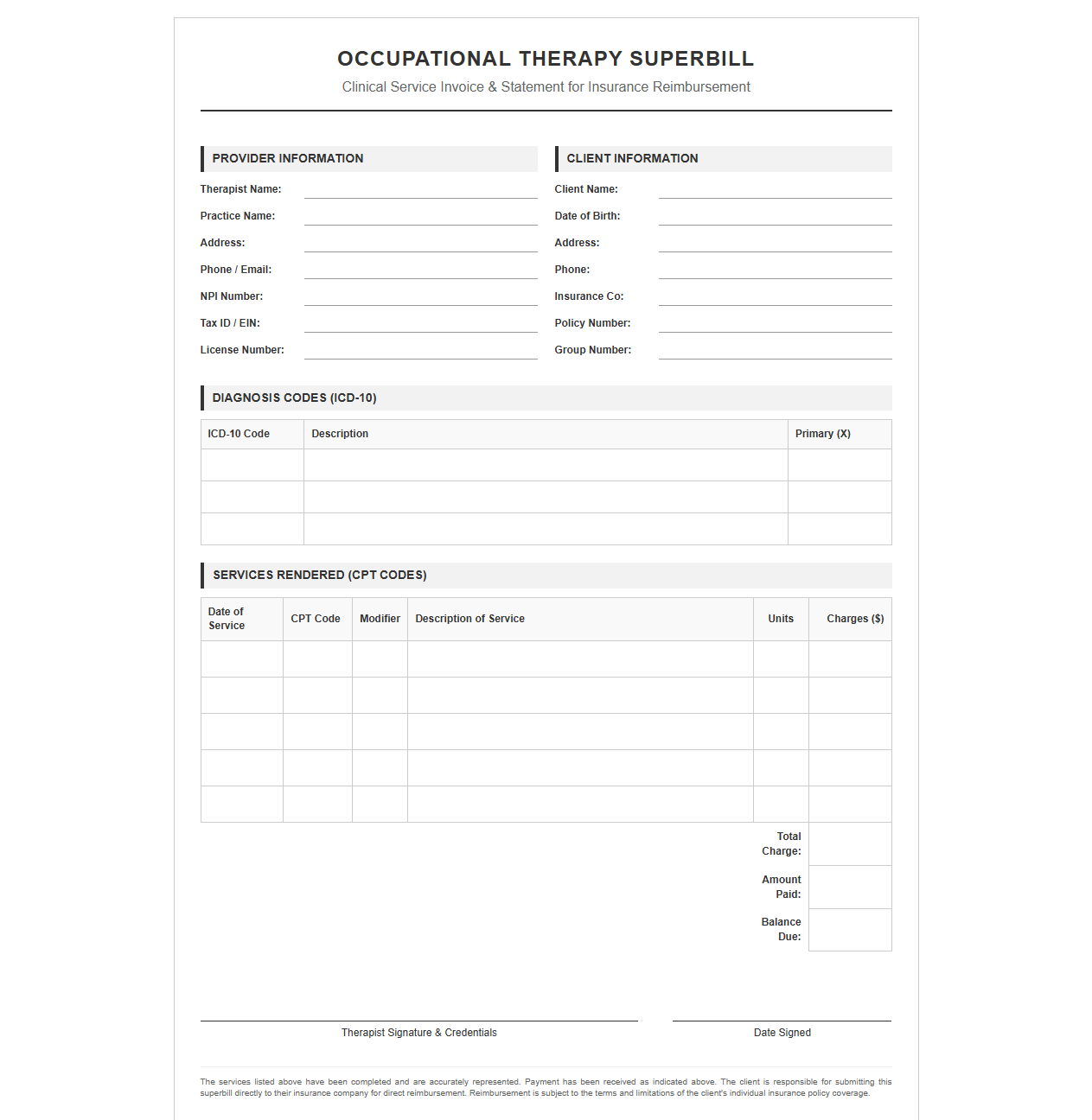 Occupational Therapy Client Superbill Template