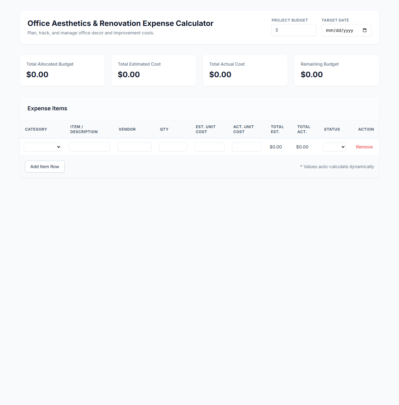 Office Aesthetics and Renovation Expense Calculator