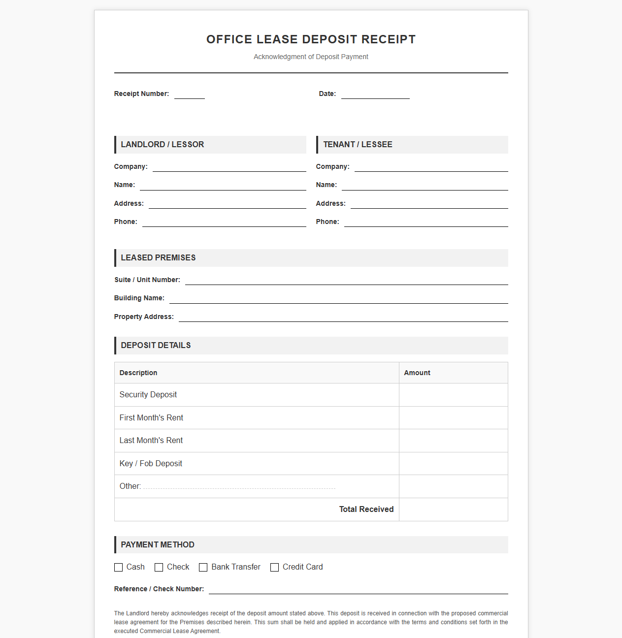 Office Lease Deposit Acknowledgment Receipt