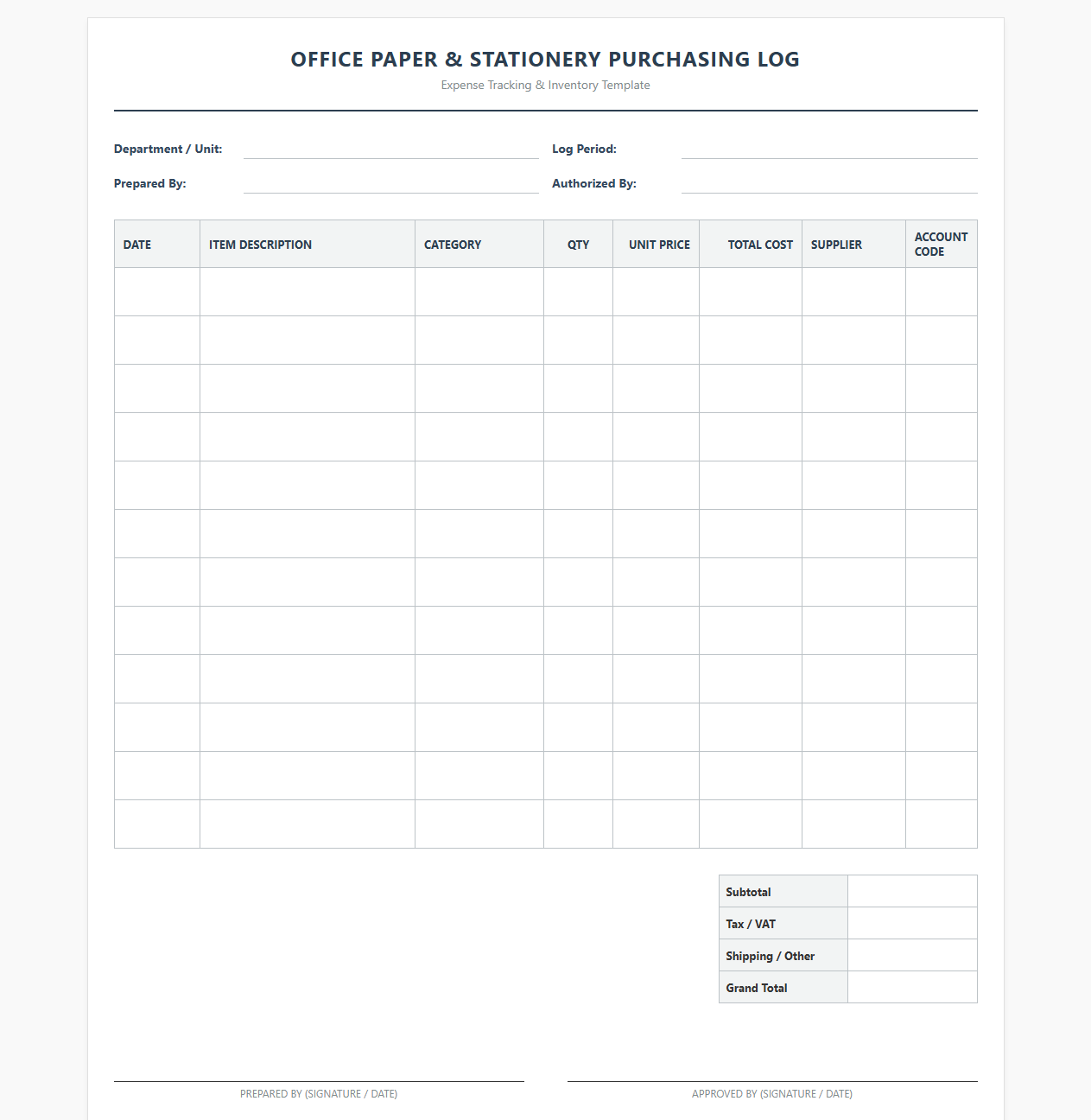 Office Paper and Stationery Purchasing Log