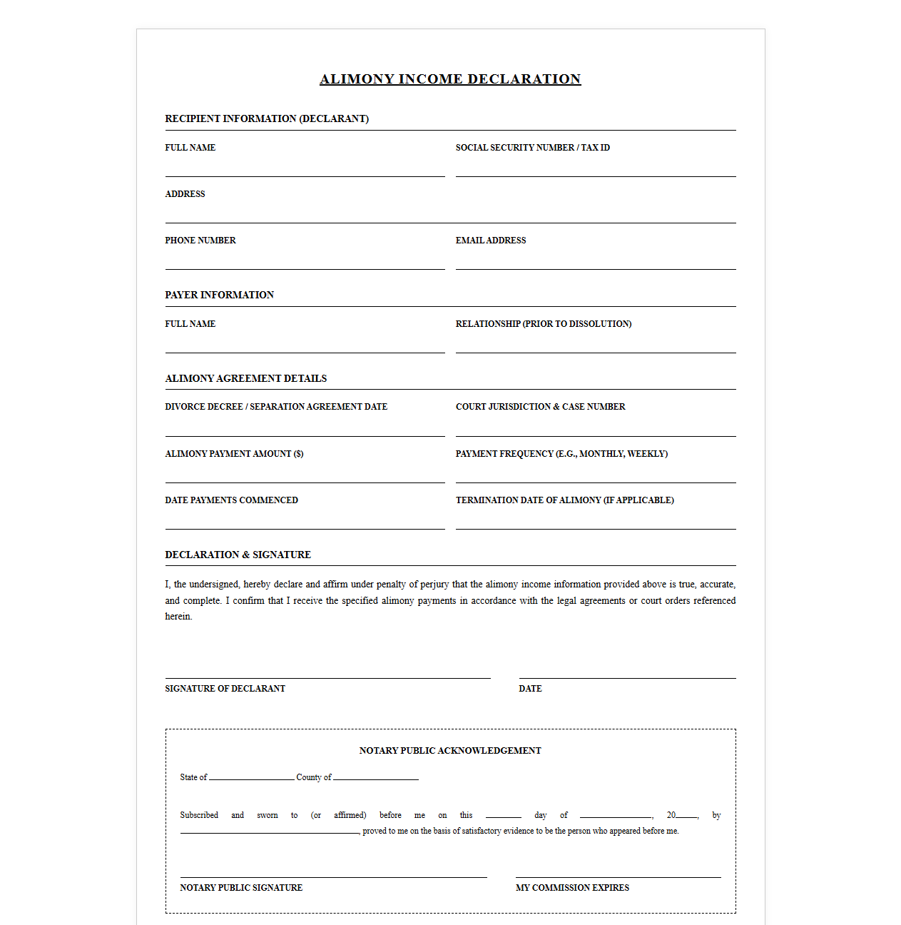 Official Alimony Income Declaration Template