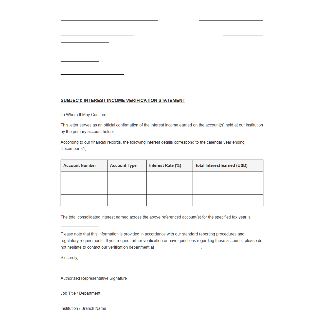 Official Interest Income Verification Letter