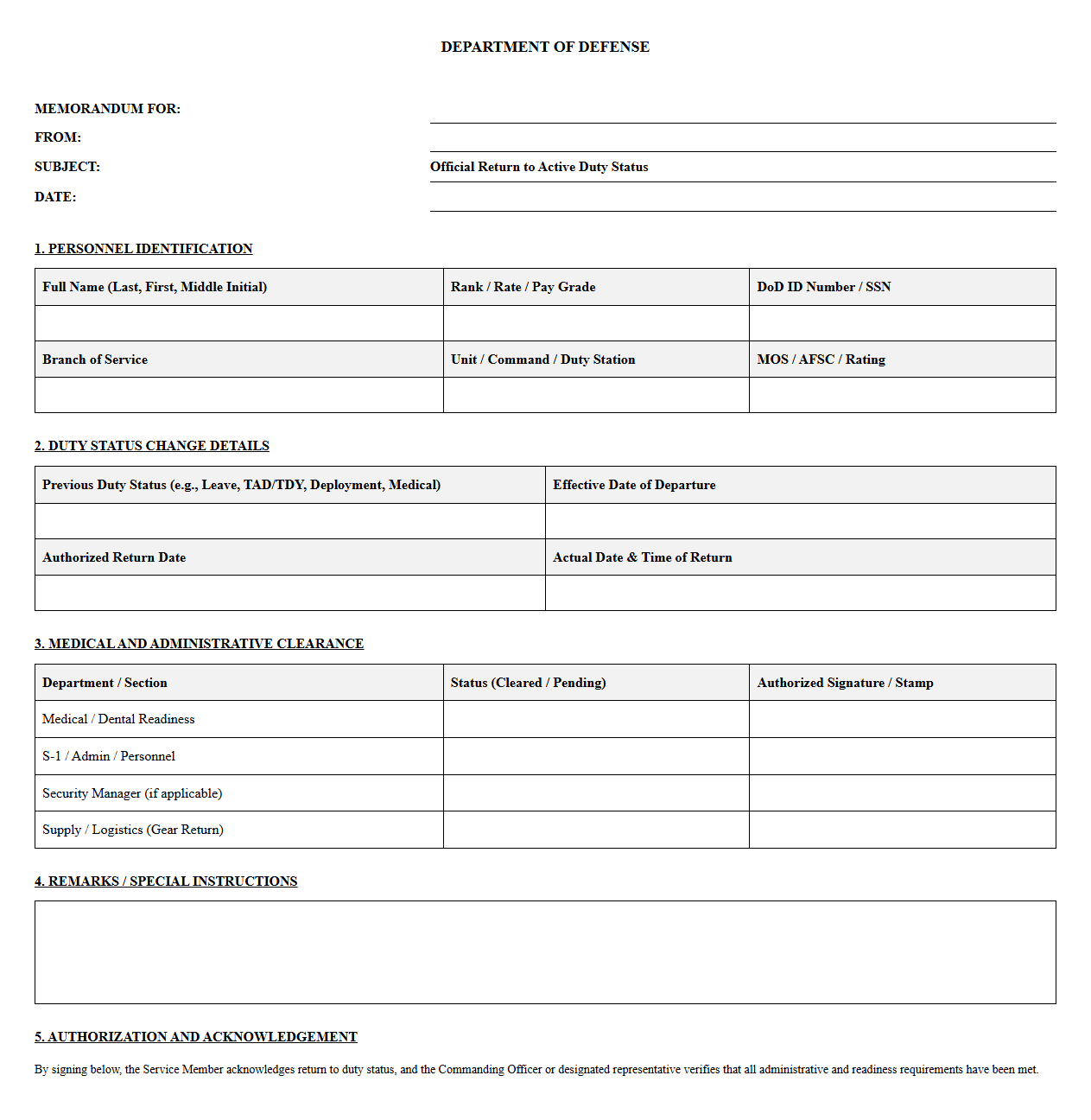 Official Return Template for Active Duty Military Personnel