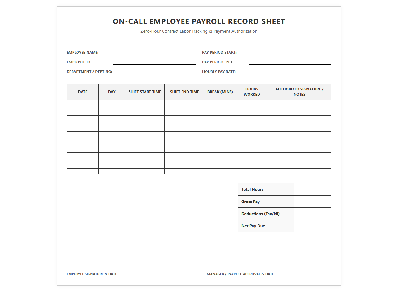 On-Call Employee Payroll Record Sheet
