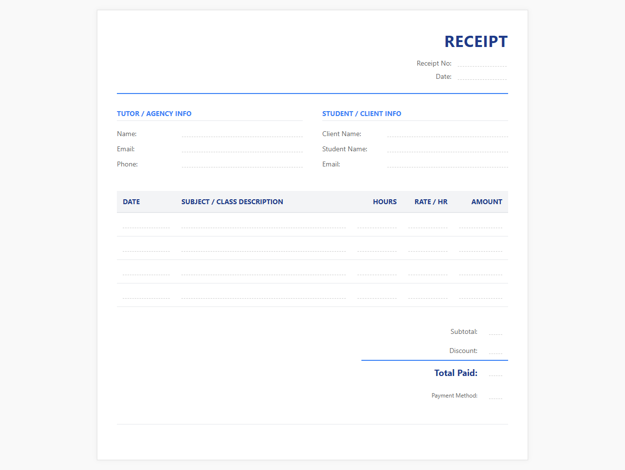 Online Tutoring Class Receipt Template