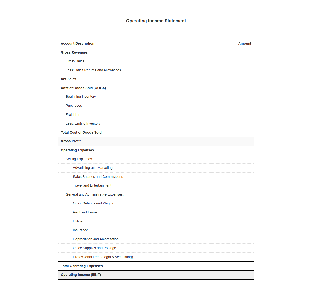 Operating Income Statement Template