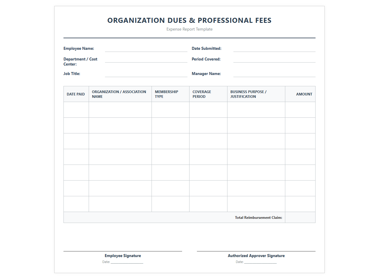 Organization Dues and Professional Fees Expense Template