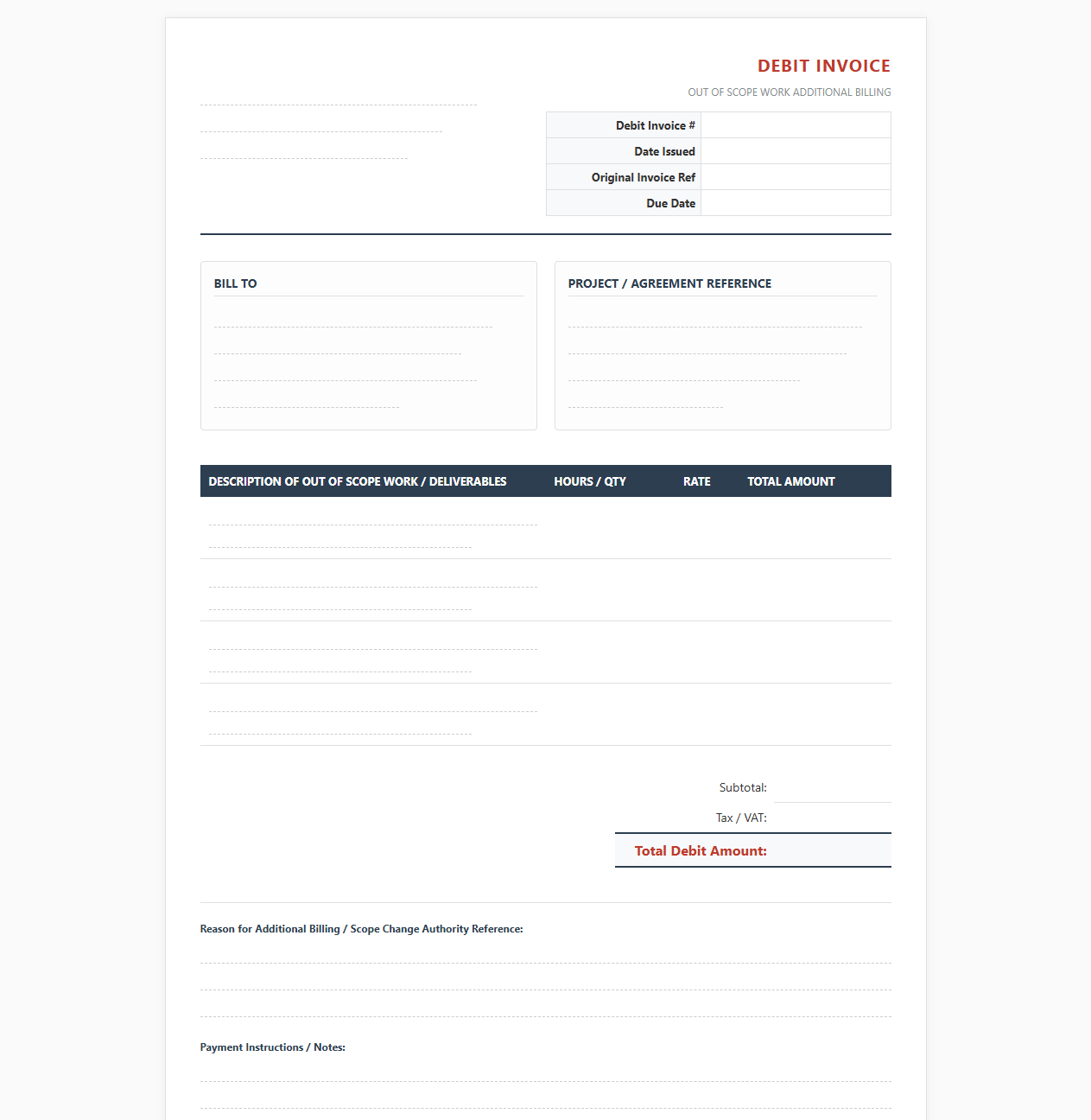 Out of Scope Work Additional Debit Invoice