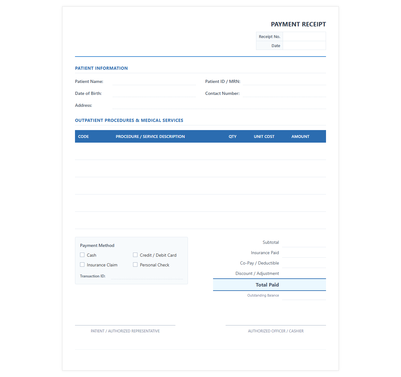 Outpatient Medical Procedure Payment Receipt