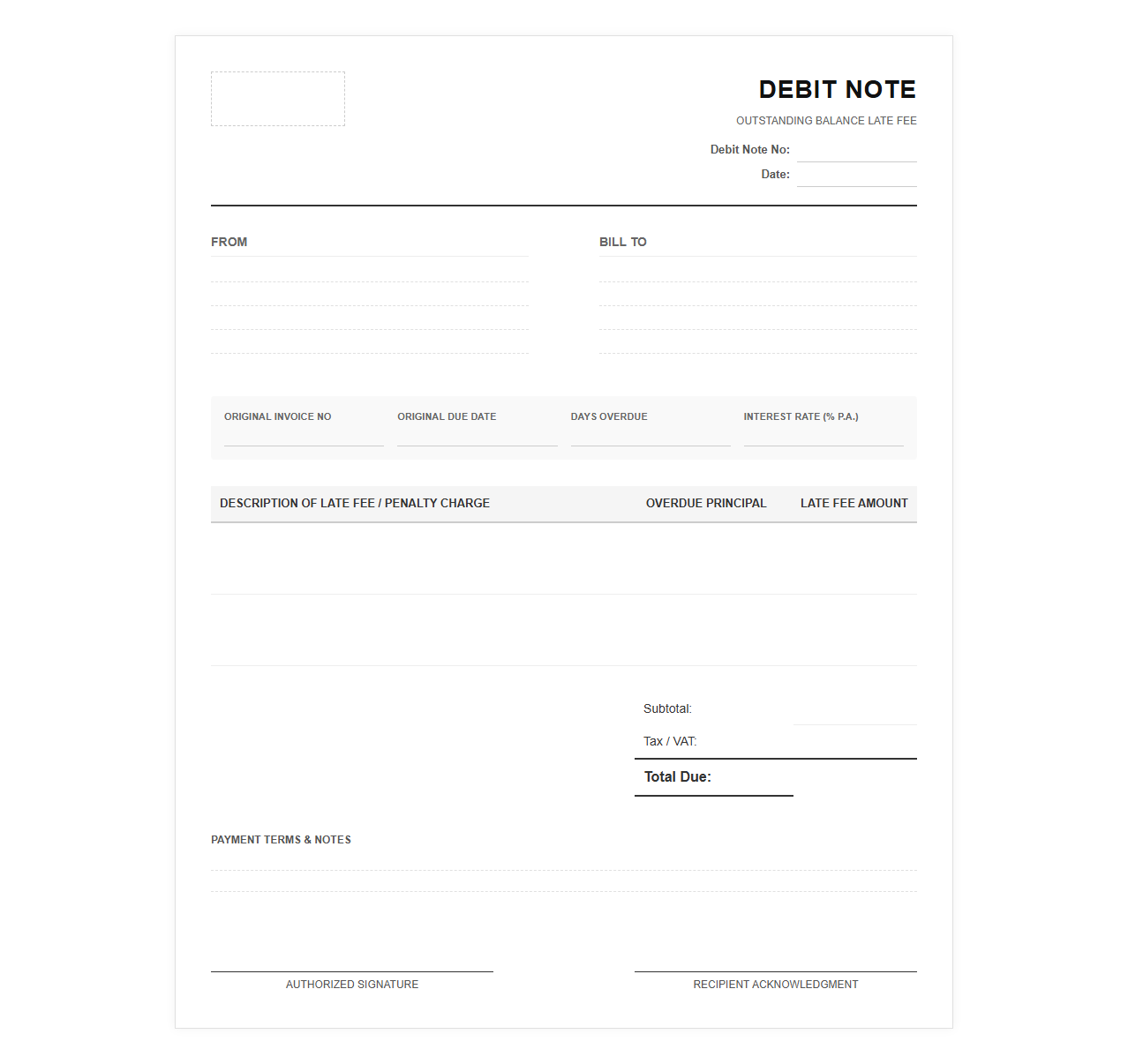 Outstanding Balance Late Fee Debit Note