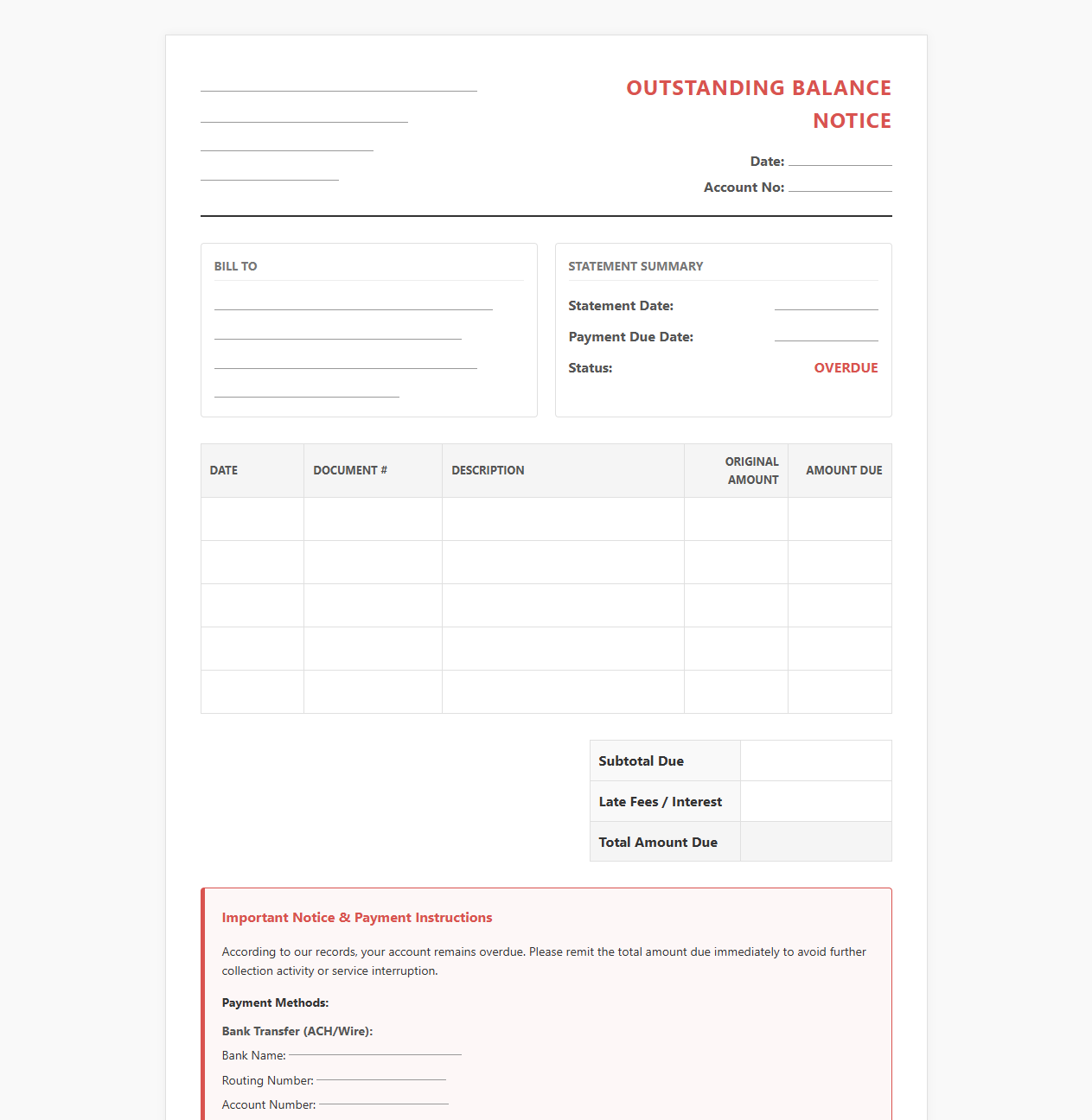 Outstanding Balance Notice and Payment Request