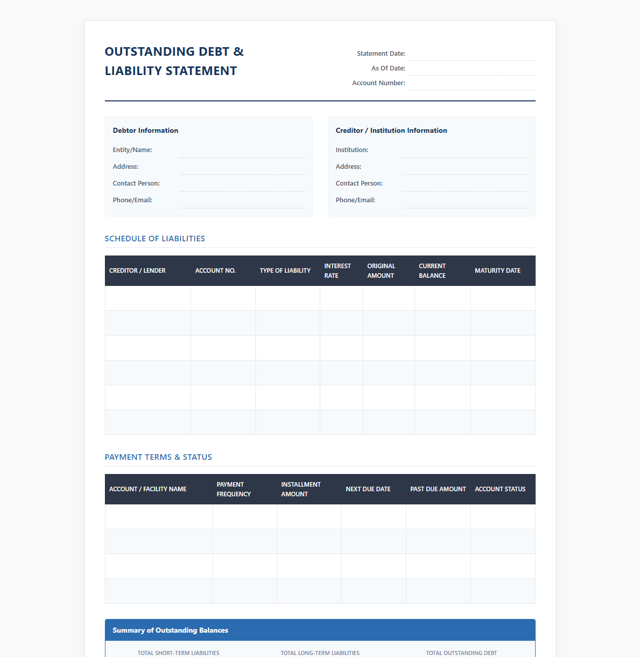 Outstanding Debt and Liability Statement Template