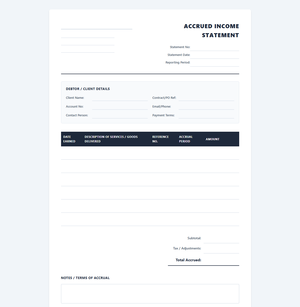 Outstanding Earned Revenue Statement Template