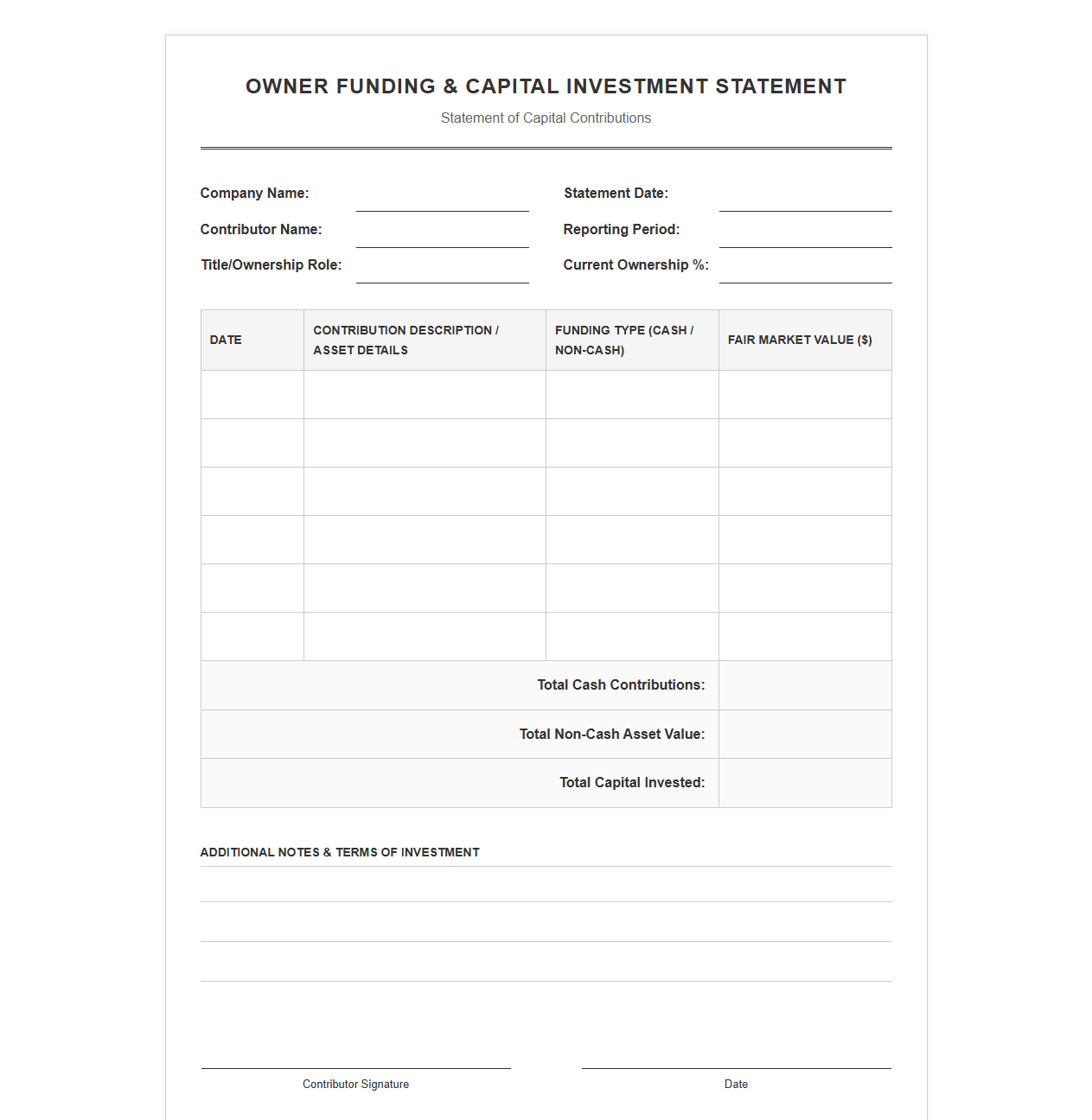 Owner Funding and Capital Investment Statement