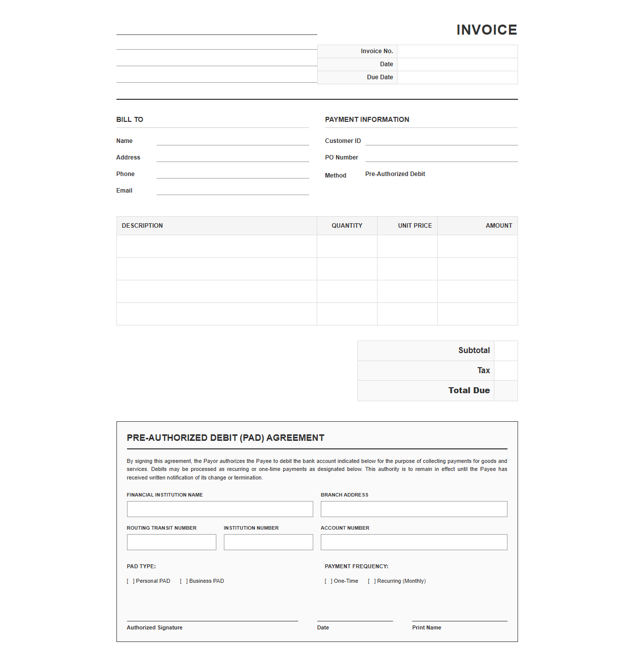 PAD Agreement and Billing Invoice Template