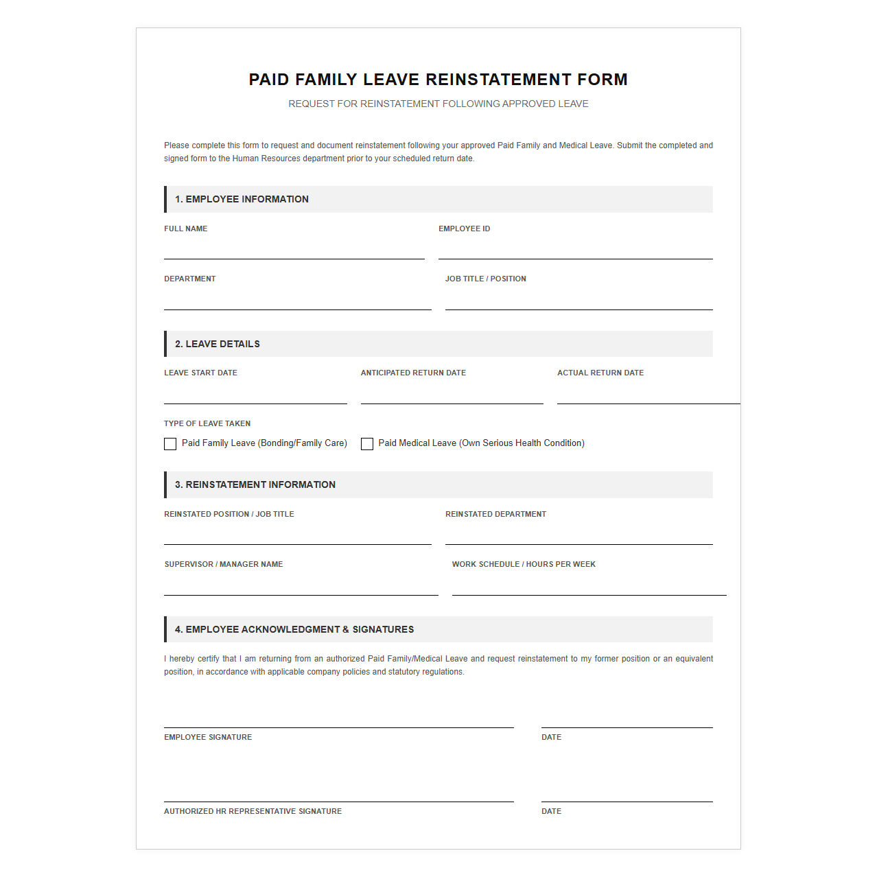Paid Family Leave Reinstatement Form Template