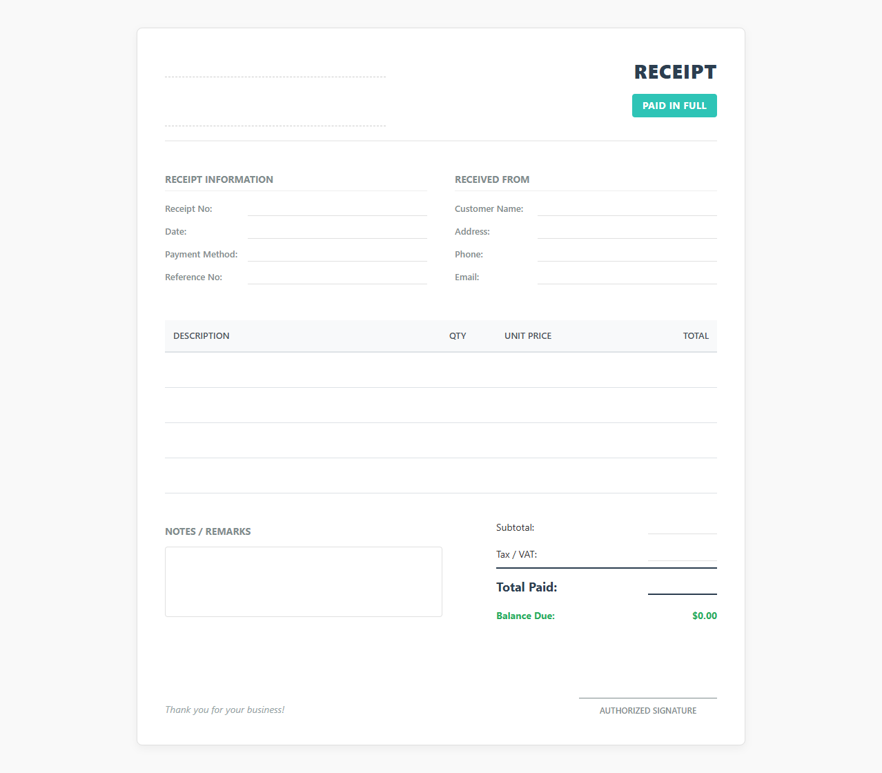 Paid in Full Receipt Template