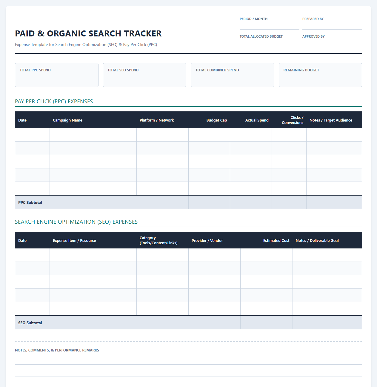 Paid and Organic Search Expense Tracker