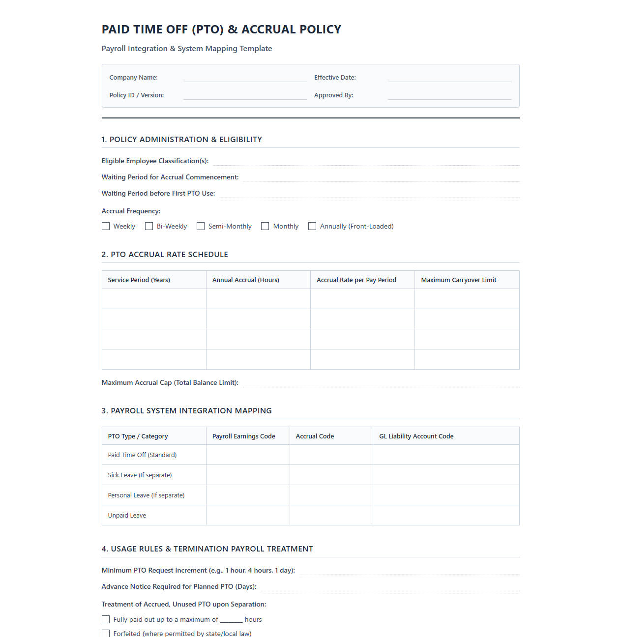 Paid Time Off Policy and Payroll Integration Template