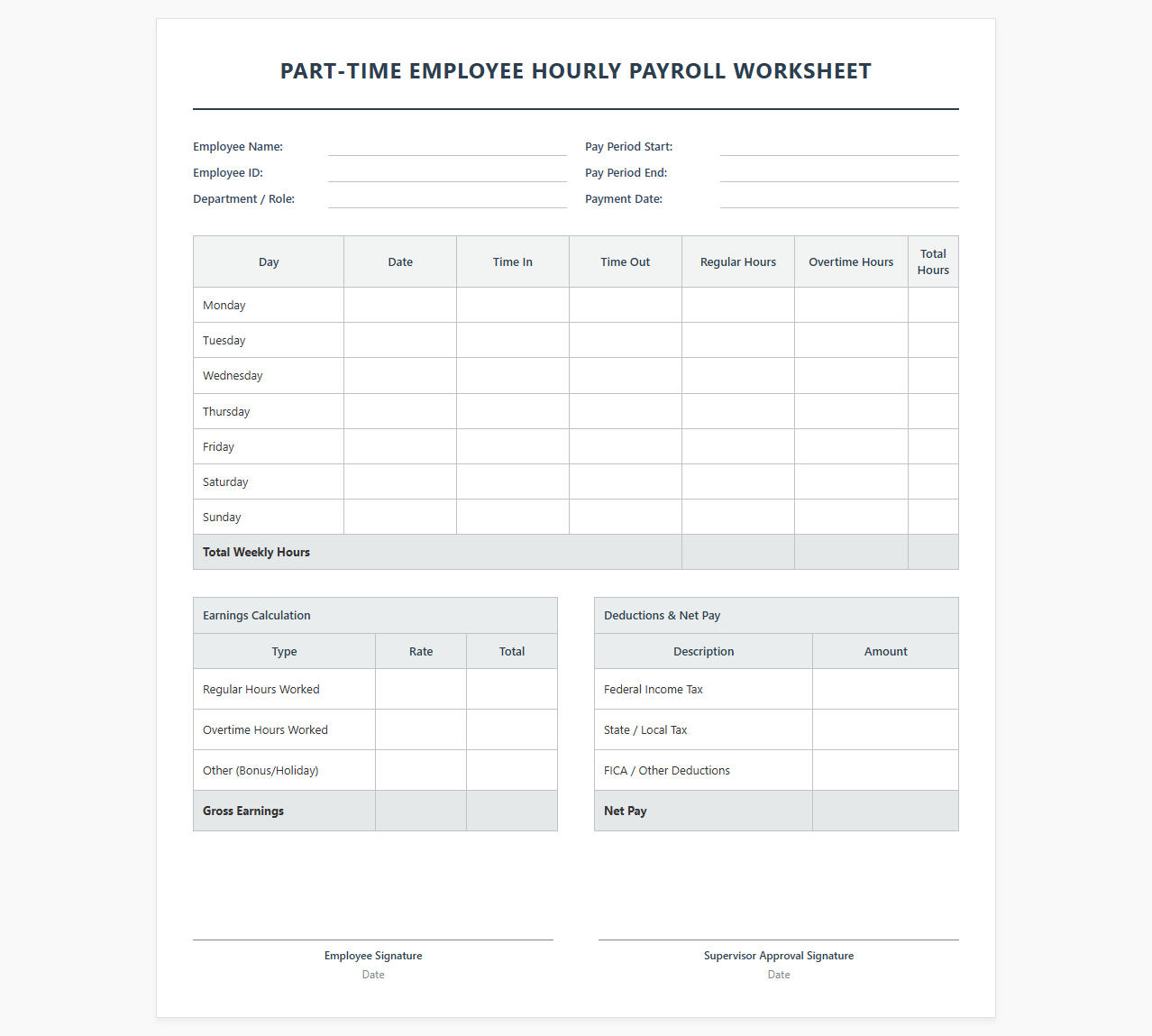 Part-Time Employee Hourly Payroll Worksheet