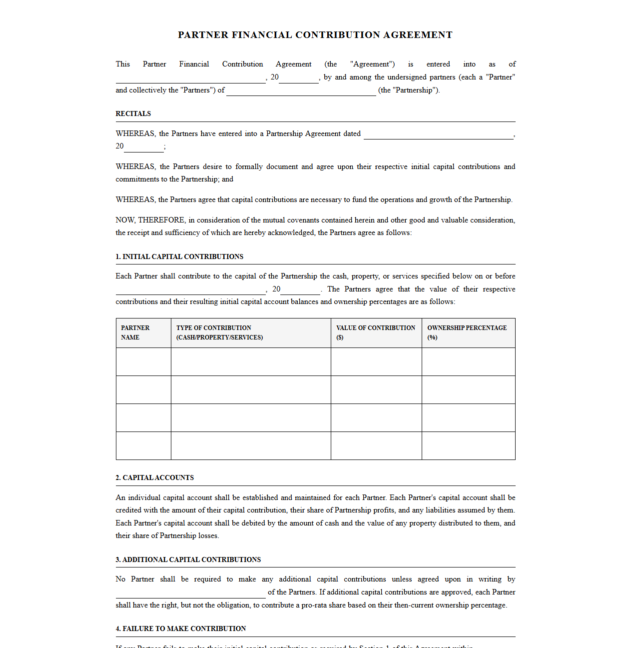 Partner Financial Contribution Agreement Template