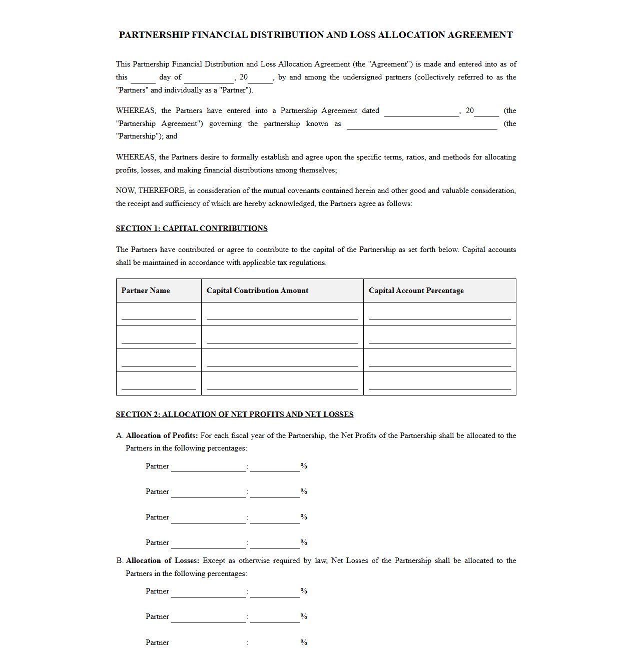 Partners Financial Distribution and Loss Allocation Agreement