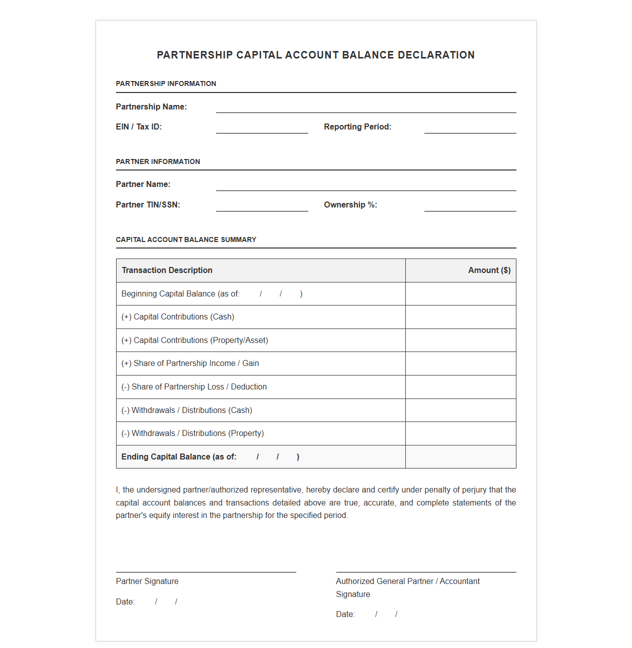 Partnership Capital Account Balance Declaration Template