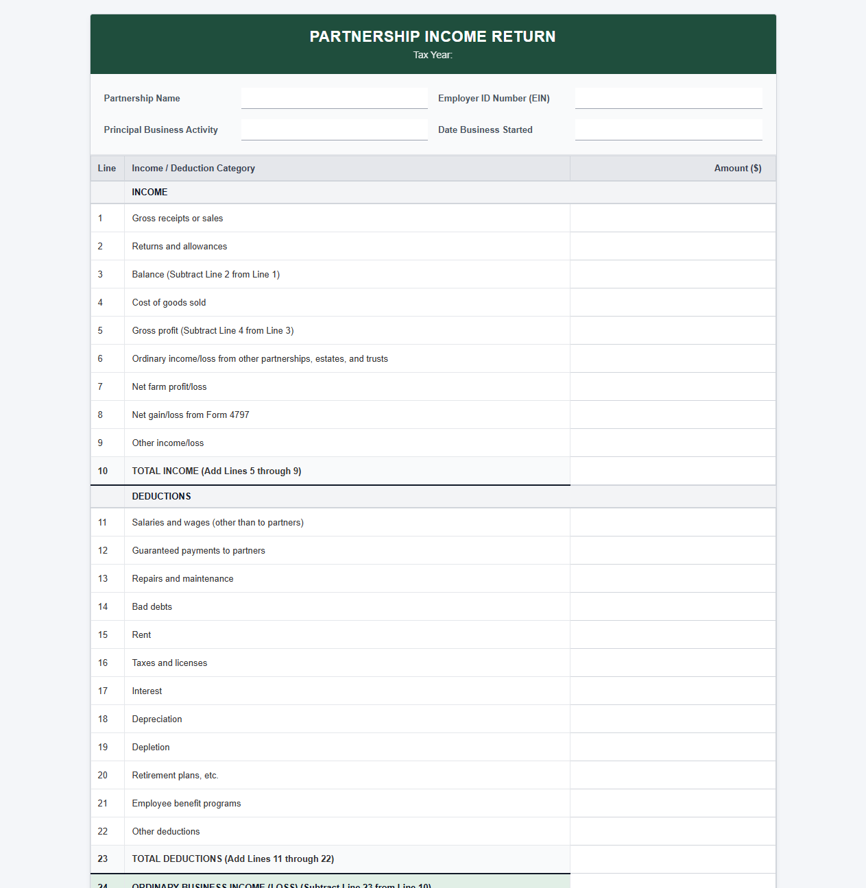Partnership Information Return Excel Template