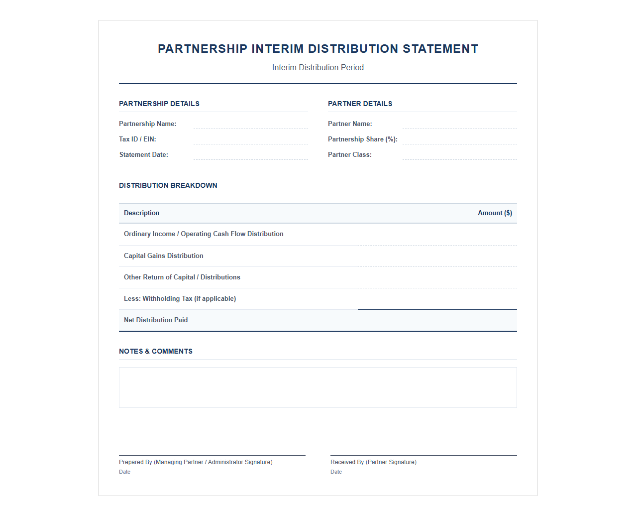Partnership Interim Distribution Statement Template