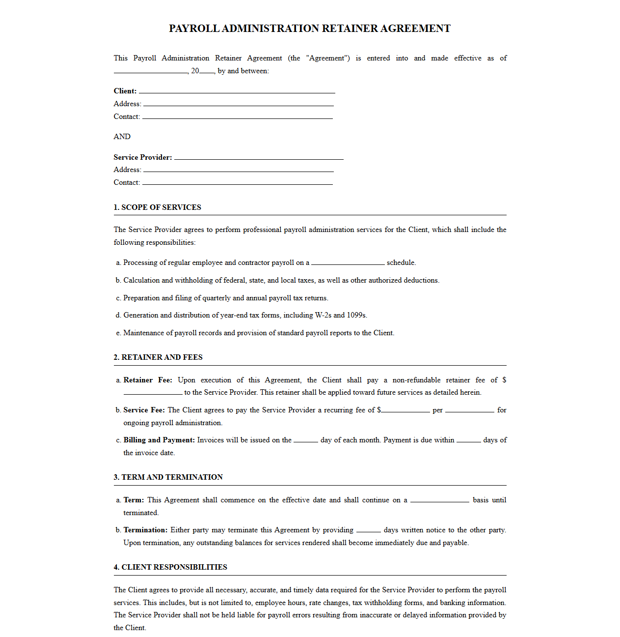 Payroll Administration Retainer Agreement Template