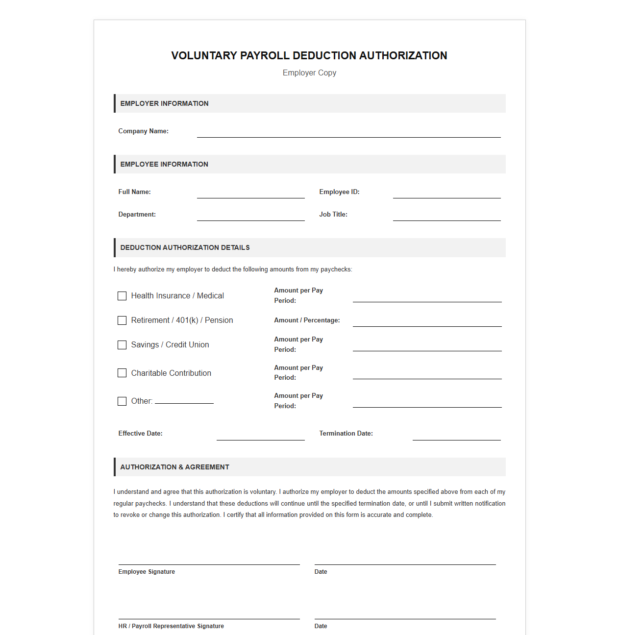 Payroll Authorization for Voluntary Deductions