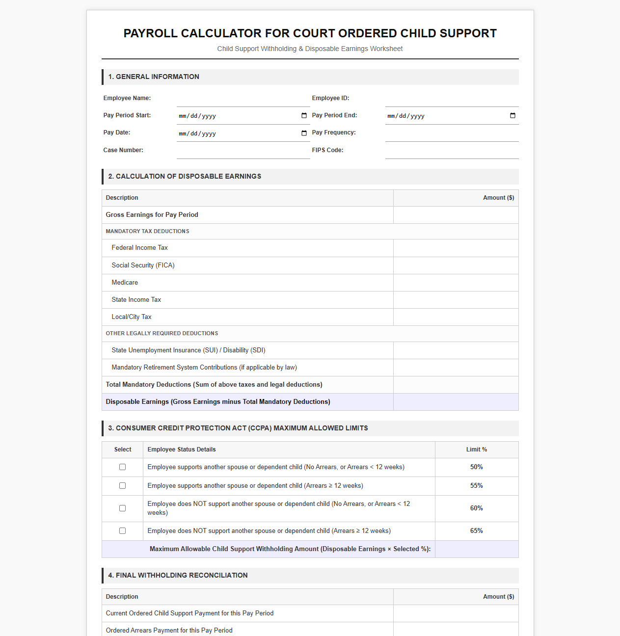 Payroll Calculator for Court Ordered Child Support