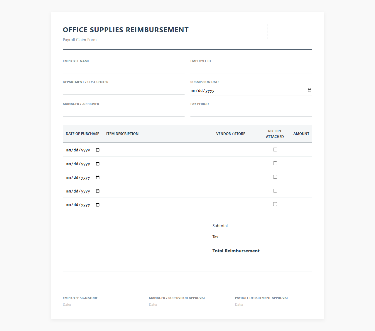 Payroll Claim Form for Office Supplies