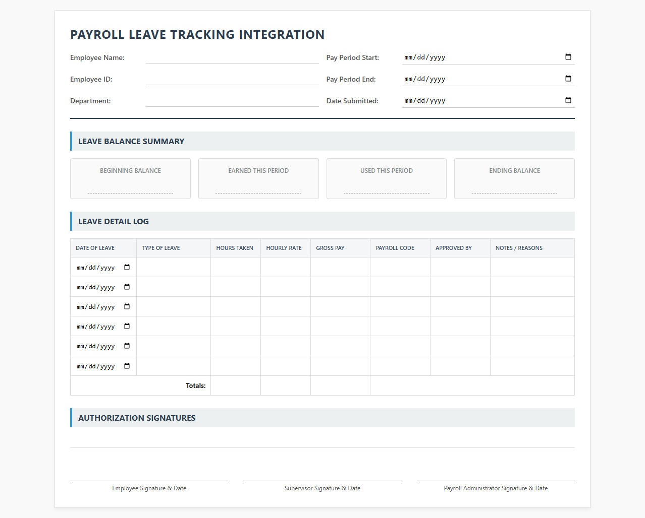 Payroll Integration Template for Employee Leave Tracking