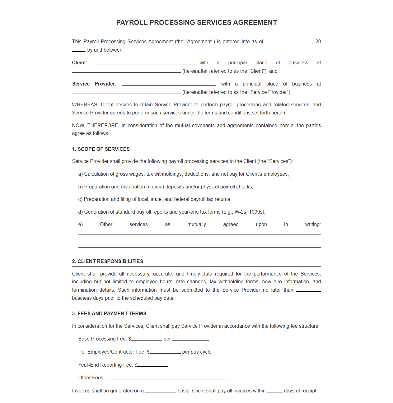 Payroll Processing Services Agreement Template