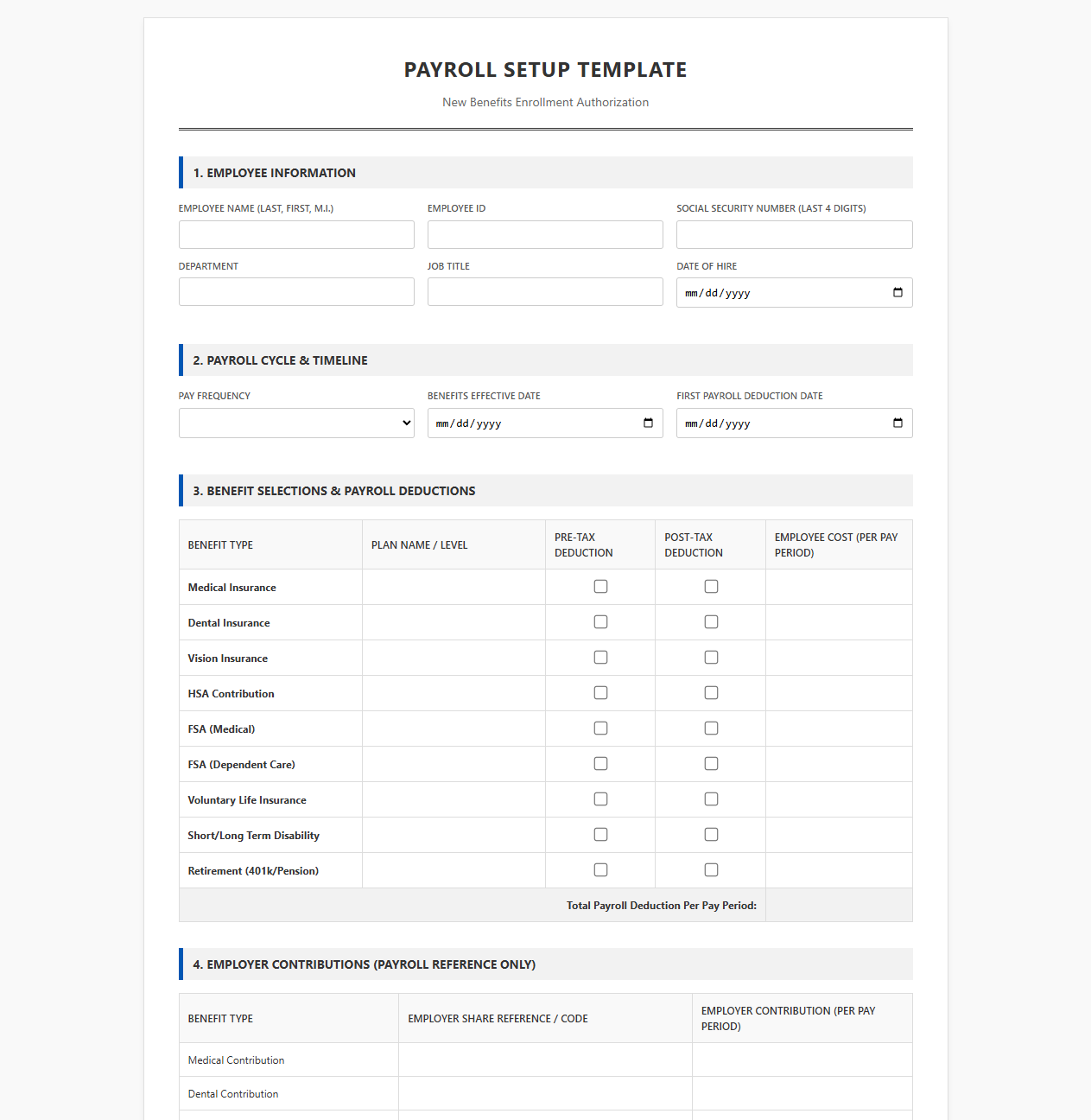 Payroll Setup Template for New Benefits Enrollment