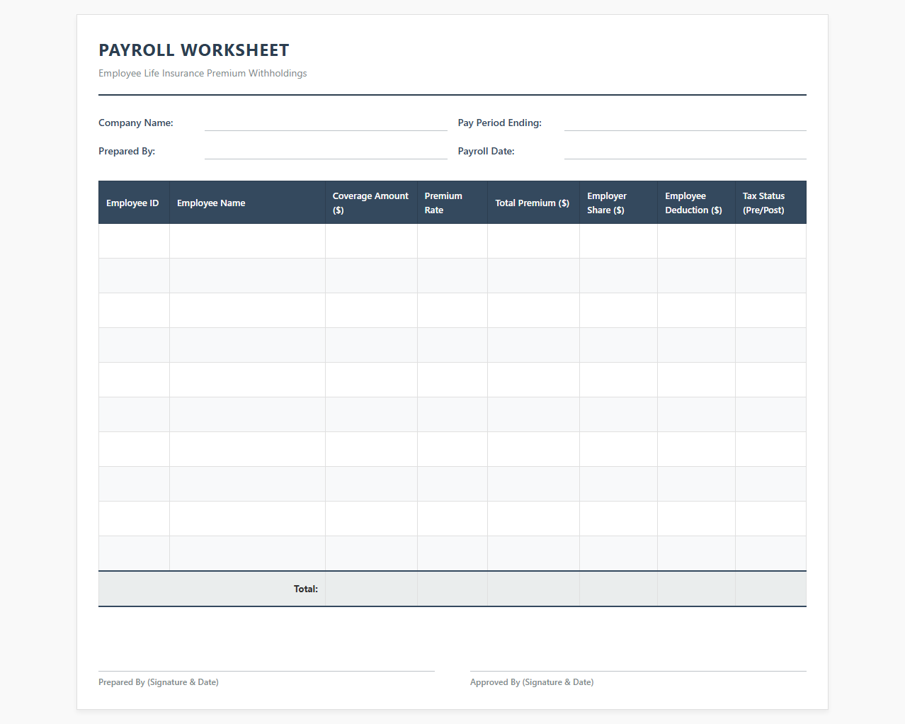 Payroll Worksheet for Employee Life Insurance Premiums