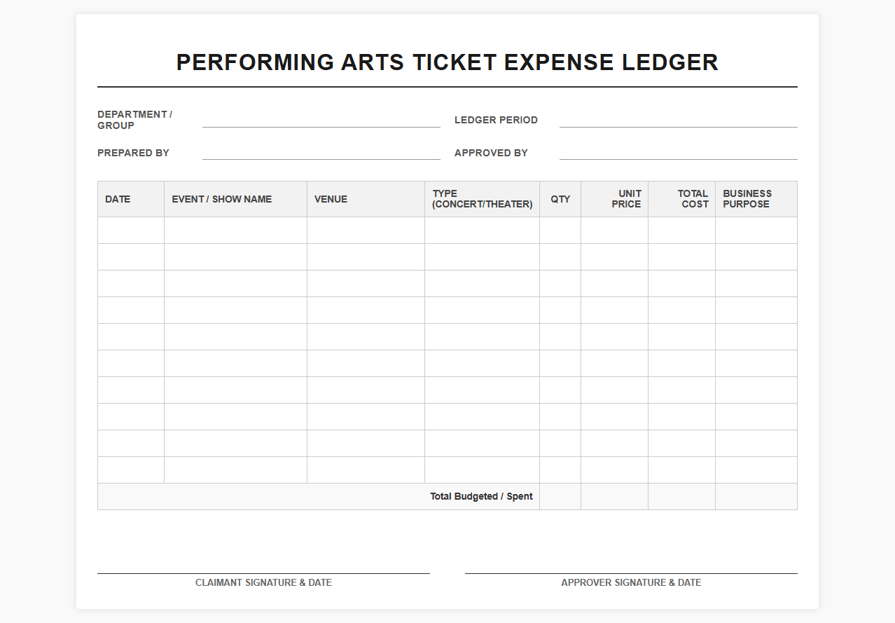 Performing Arts Ticket Expense Ledger