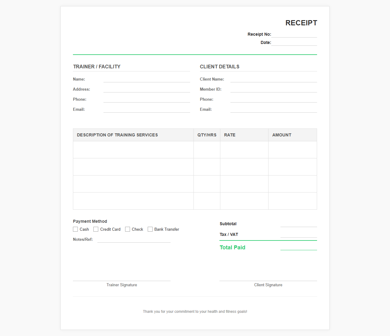 Personal Fitness Training Services Receipt