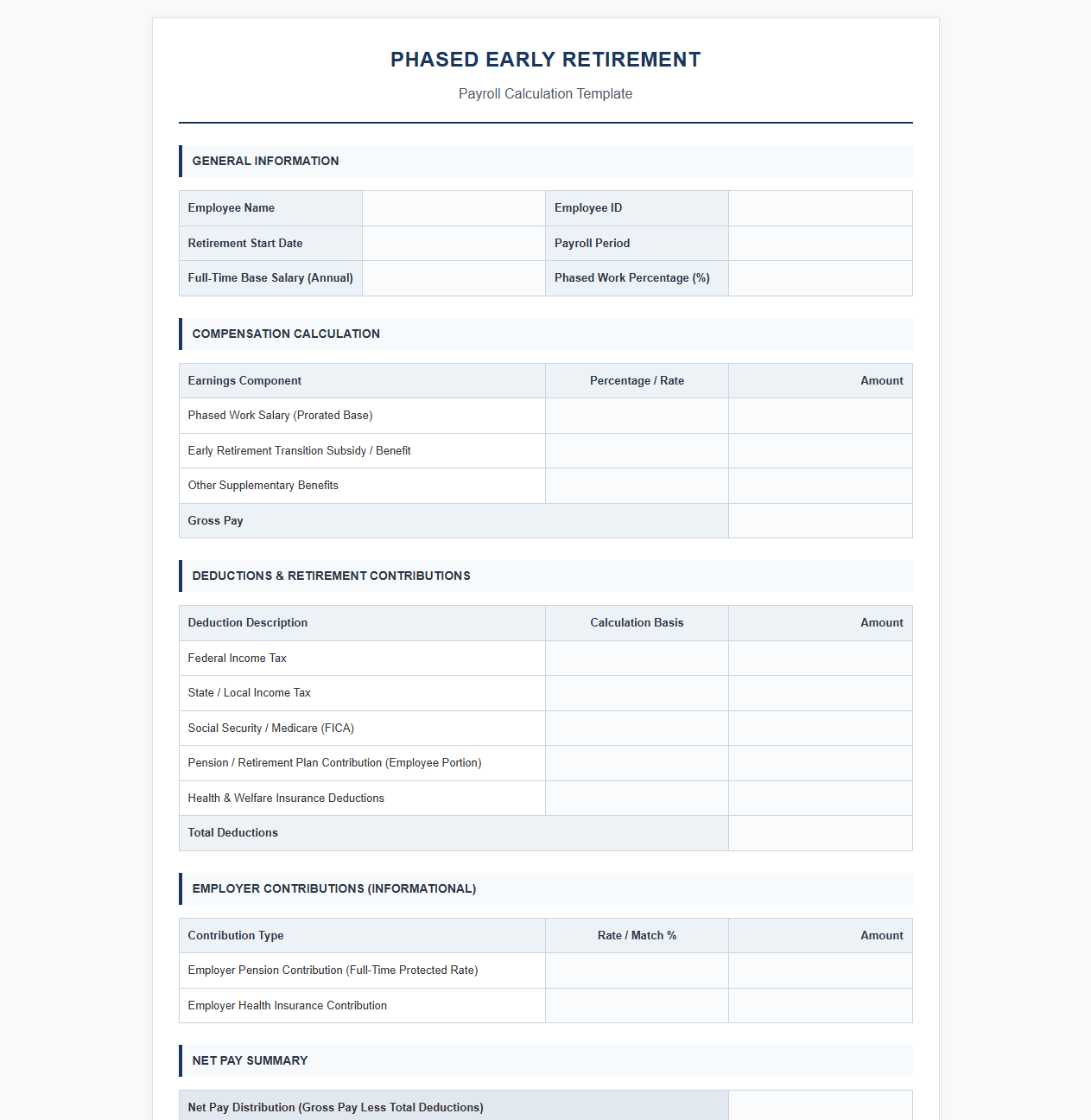 Phased Early Retirement Payroll Calculation Template