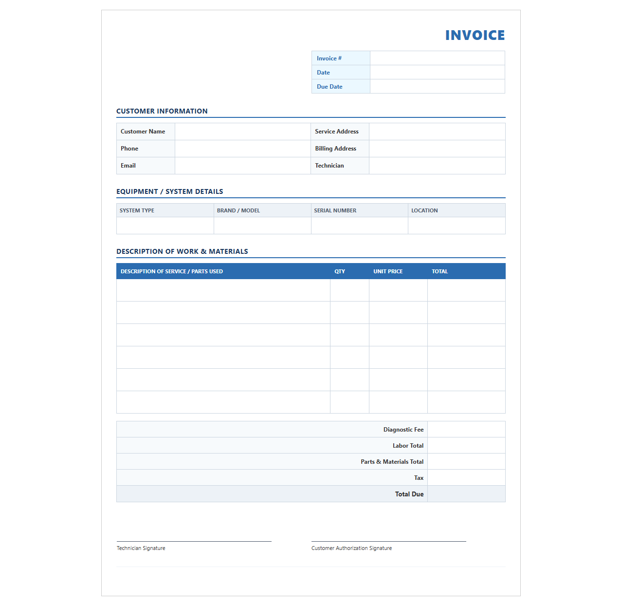 Plumbing and HVAC Repair Service Invoice