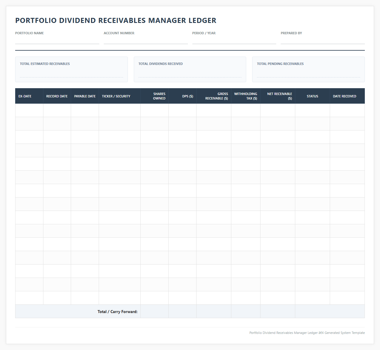 Portfolio Dividend Receivables Manager Ledger