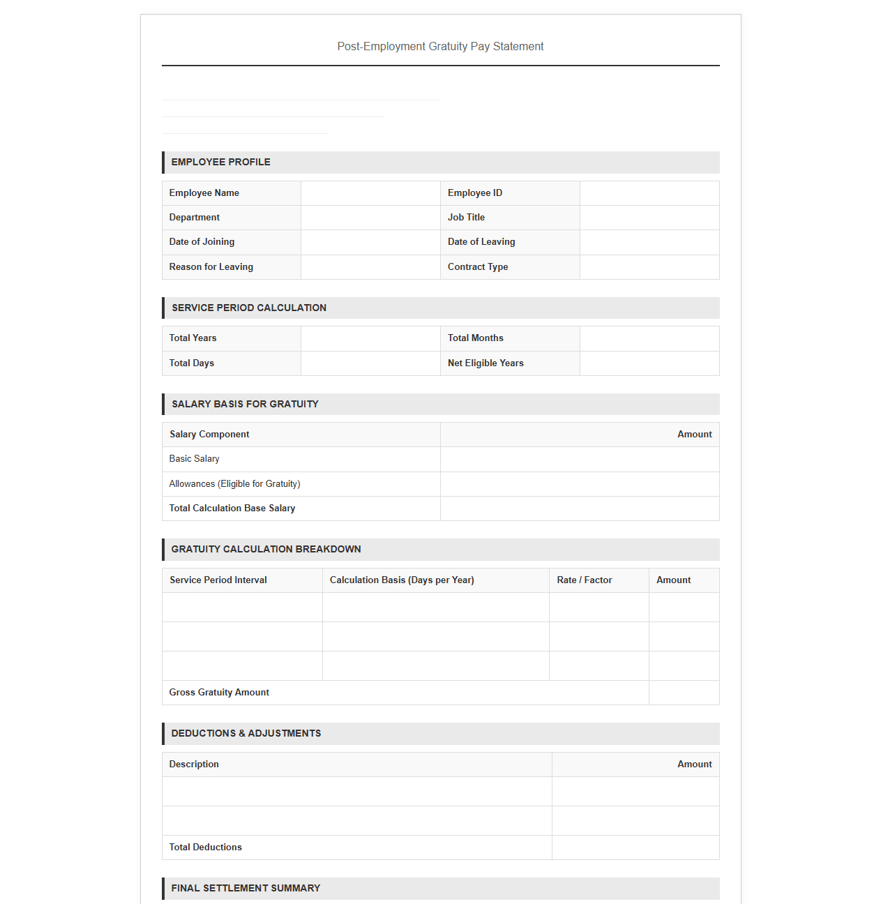 Post-Employment Gratuity Pay Template