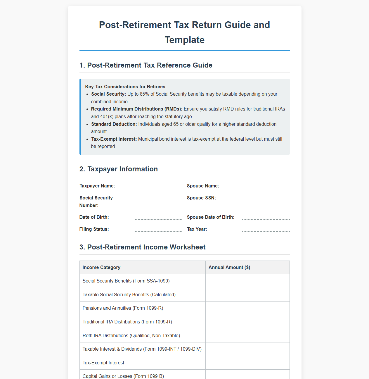 Post-Retirement Tax Return Guide and Template