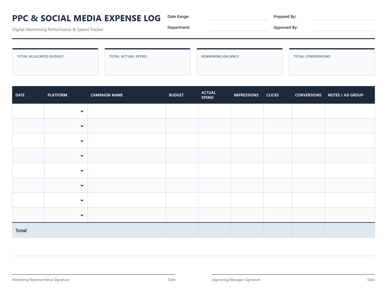 PPC and Social Media Ad Expense Log